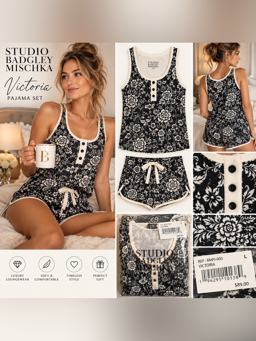 Studio Badgley Mischka Victoria Luxury Floral Pajama Set Size L NIP $89